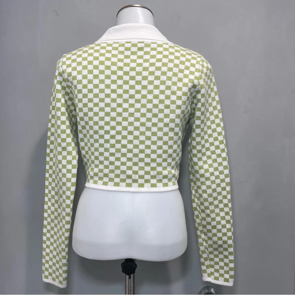 Tara Long Sleeve Checkered Cropped Cardigan Small . - Picture 7 of 11